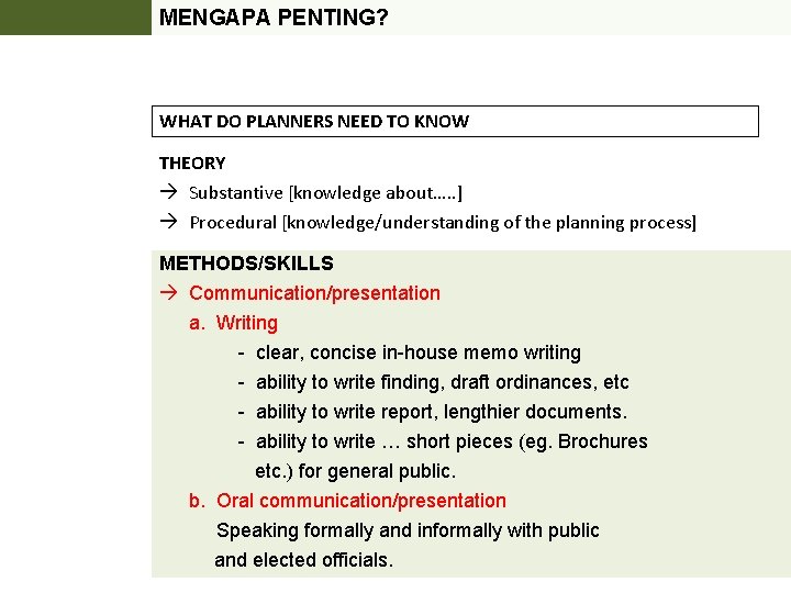MENGAPA PENTING? WHAT DO PLANNERS NEED TO KNOW THEORY Substantive [knowledge about…. . ]