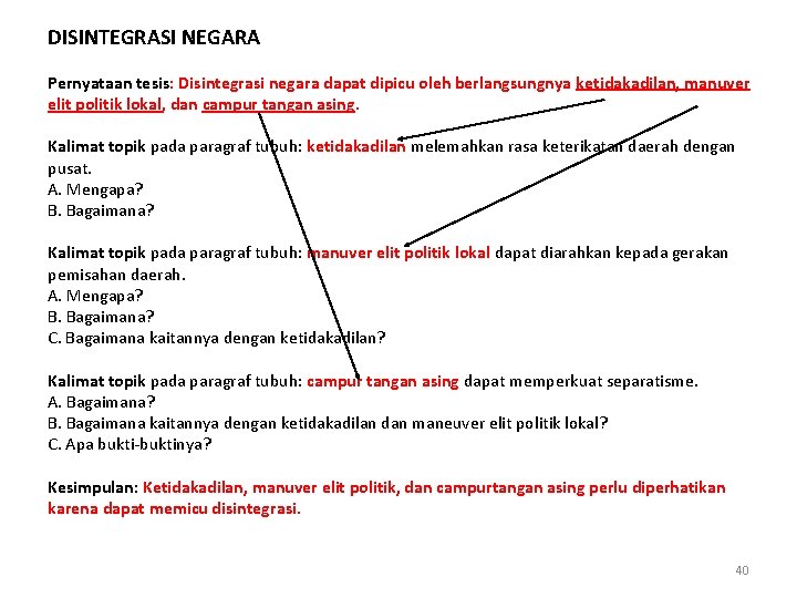 DISINTEGRASI NEGARA Pernyataan tesis: Disintegrasi negara dapat dipicu oleh berlangsungnya ketidakadilan, manuver elit politik