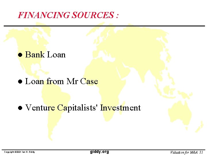 FINANCING SOURCES : l Bank Loan l Loan from Mr Case l Venture Capitalists'