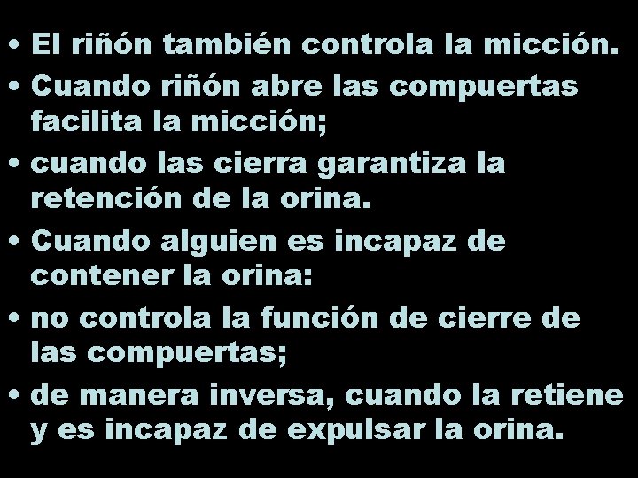  • El riñón también controla la micción. • Cuando riñón abre las compuertas