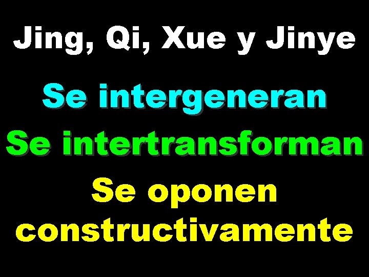 Jing, Qi, Xue y Jinye Se intergeneran Se intertransforman Se oponen constructivamente 