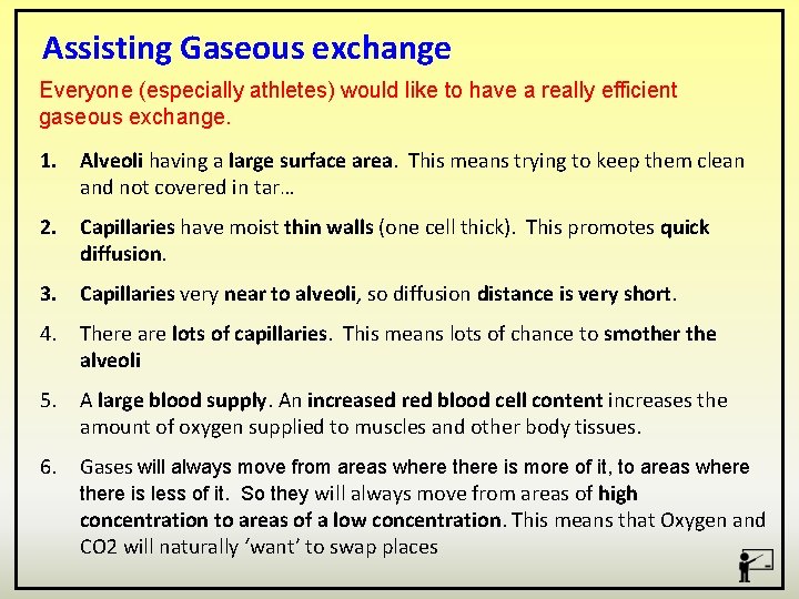 Assisting Gaseous exchange Everyone (especially athletes) would like to have a really efficient gaseous
