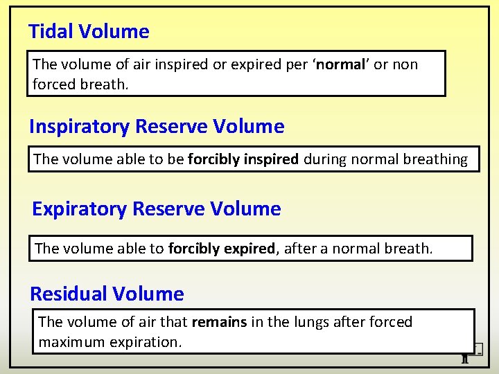 Tidal Volume The volume of air inspired or expired per ‘normal’ or non forced