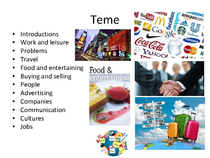 Teme • • • Introductions Work and leisure Problems Travel Food and entertaining Buying