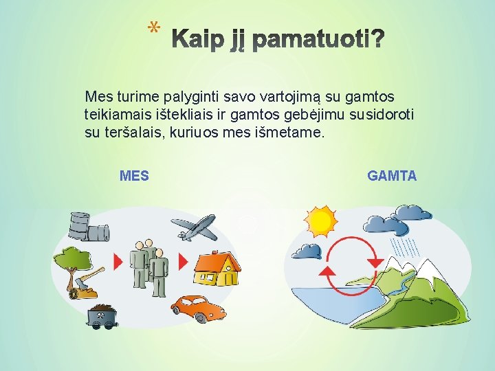 * Mes turime palyginti savo vartojimą su gamtos teikiamais ištekliais ir gamtos gebėjimu susidoroti