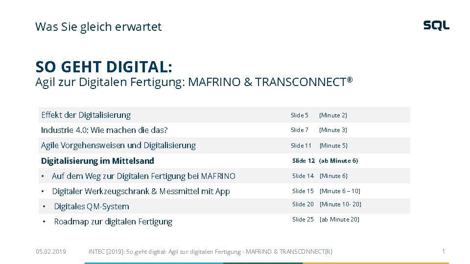 Was Sie gleich erwartet SO GEHT DIGITAL: Agil zur Digitalen Fertigung: MAFRINO & TRANSCONNECT Was Sie gleich erwartet SO GEHT DIGITAL: Agil zur Digitalen Fertigung: MAFRINO & TRANSCONNECT