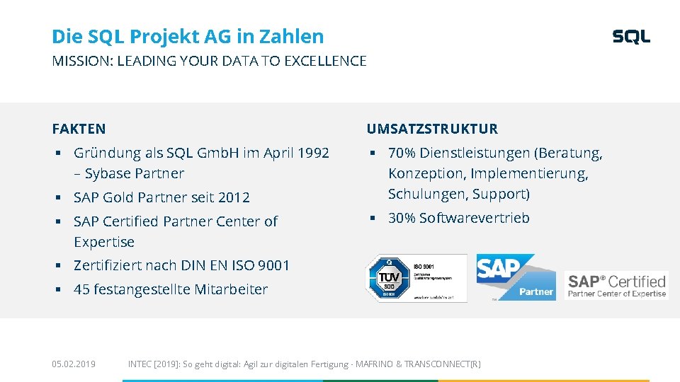 Die SQL Projekt AG in Zahlen MISSION: LEADING YOUR DATA TO EXCELLENCE FAKTEN UMSATZSTRUKTUR Die SQL Projekt AG in Zahlen MISSION: LEADING YOUR DATA TO EXCELLENCE FAKTEN UMSATZSTRUKTUR