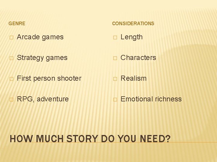 GENRE CONSIDERATIONS � Arcade games � Length � Strategy games � Characters � First