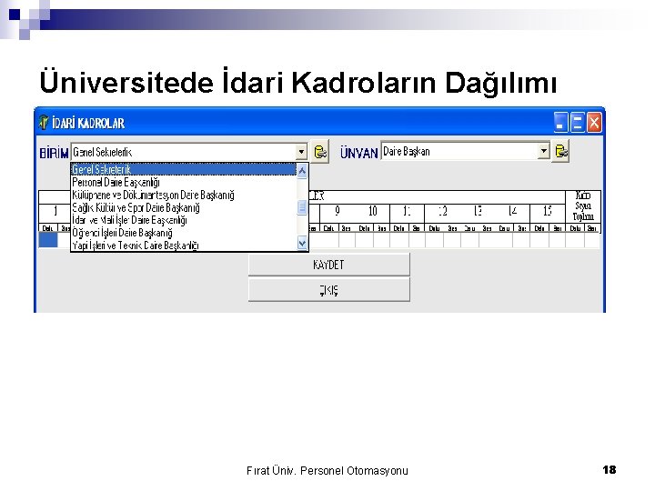 Üniversitede İdari Kadroların Dağılımı Fırat Üniv. Personel Otomasyonu 18 