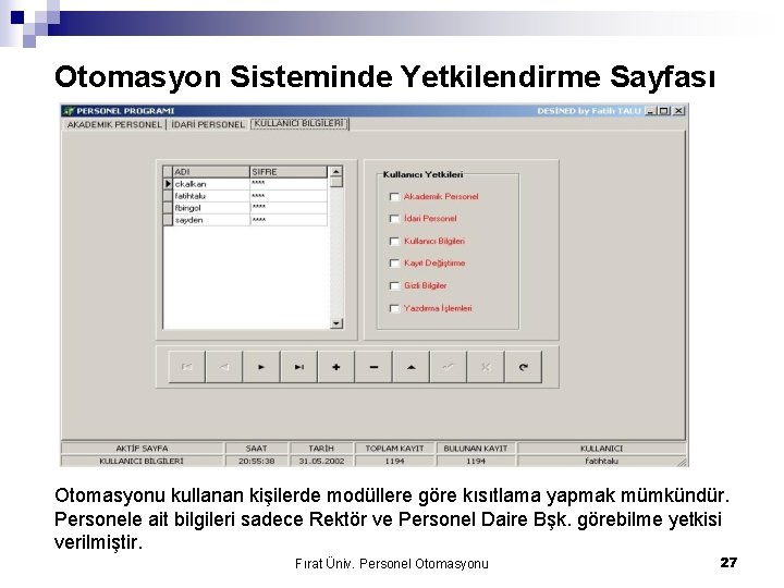 Otomasyon Sisteminde Yetkilendirme Sayfası Otomasyonu kullanan kişilerde modüllere göre kısıtlama yapmak mümkündür. Personele ait