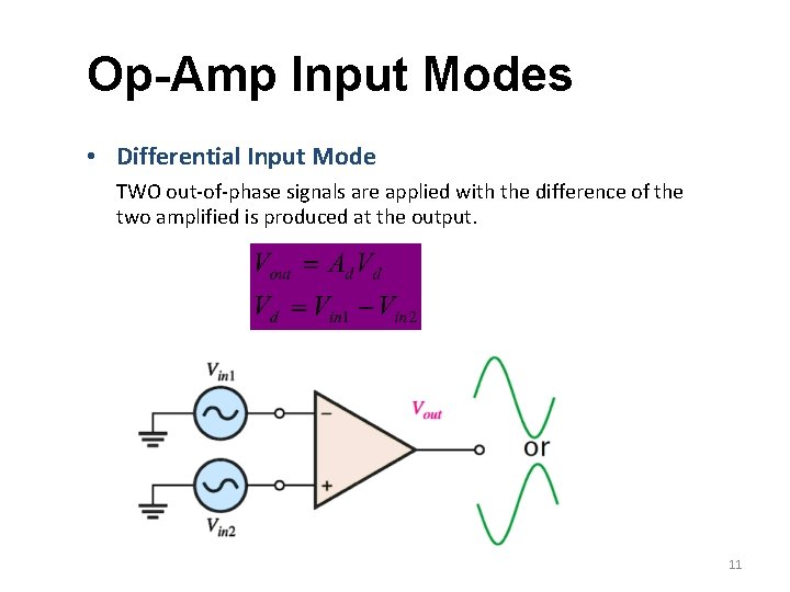 Op-Amp Input Modes • Differential Input Mode TWO out-of-phase signals are applied with the Op-Amp Input Modes • Differential Input Mode TWO out-of-phase signals are applied with the