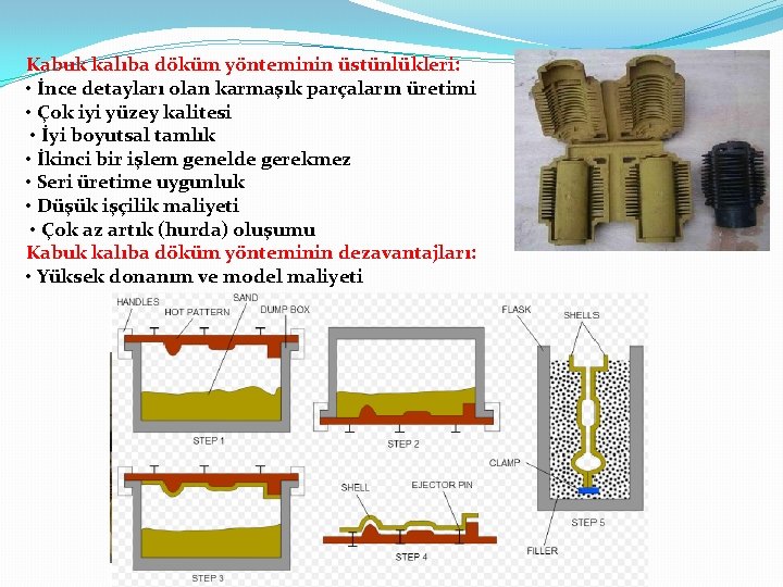 Kabuk kalıba döküm yönteminin üstünlükleri: • İnce detayları olan karmaşık parçaların üretimi • Çok