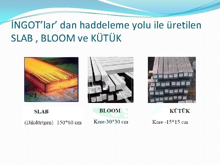 İNGOT’lar’ dan haddeleme yolu ile üretilen SLAB , BLOOM ve KÜTÜK 