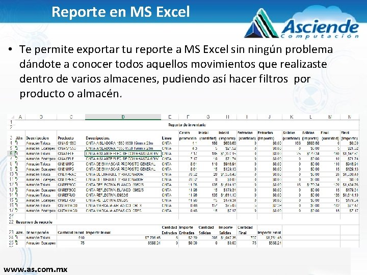 Reporte en MS Excel • Te permite exportar tu reporte a MS Excel sin