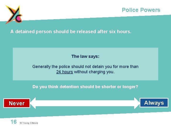 Police Powers A detained person should be released after six hours. The law says: