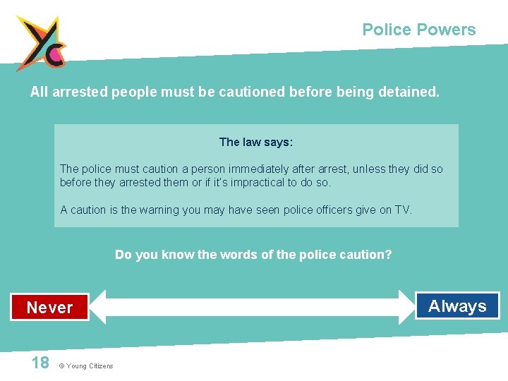 Police Powers All arrested people must be cautioned before being detained. The law says: