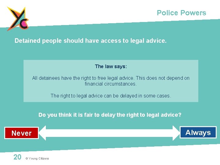 Police Powers Detained people should have access to legal advice. The law says: All