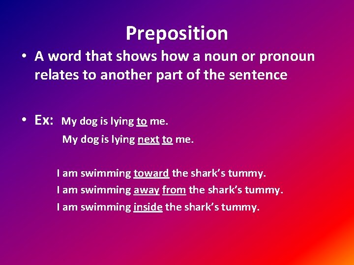 Preposition • A word that shows how a noun or pronoun relates to another