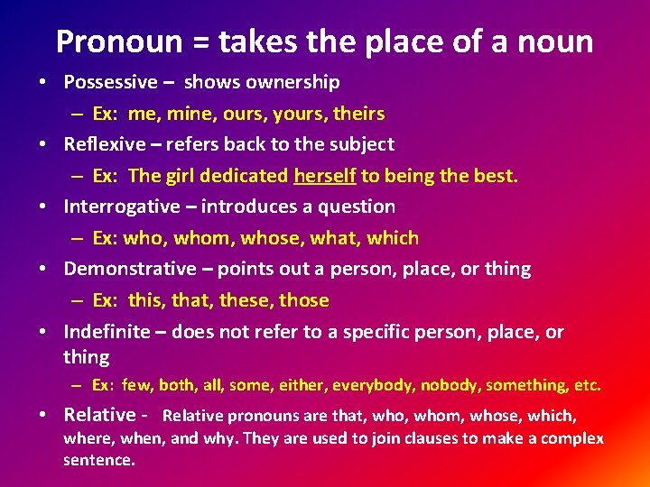 Pronoun = takes the place of a noun • Possessive – shows ownership –