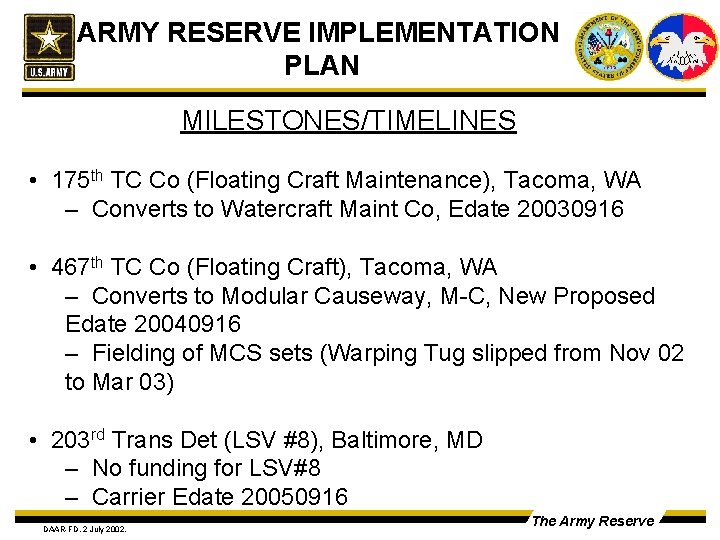 ARMY RESERVE IMPLEMENTATION PLAN MILESTONES/TIMELINES • 175 th TC Co (Floating Craft Maintenance), Tacoma,