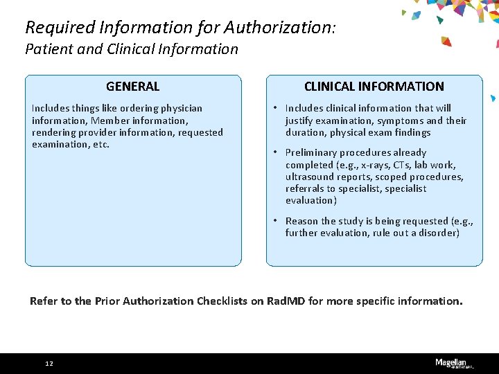 Required Information for Authorization: Patient and Clinical Information GENERAL Includes things like ordering physician