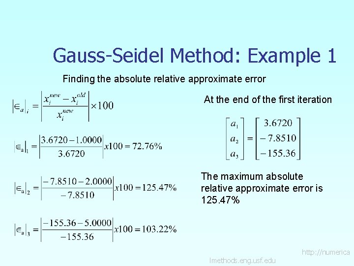 Gauss-Seidel Method: Example 1 Finding the absolute relative approximate error At the end of