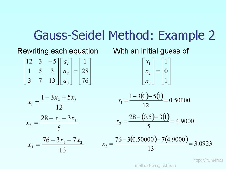 Gauss-Seidel Method: Example 2 Rewriting each equation With an initial guess of lmethods. eng.