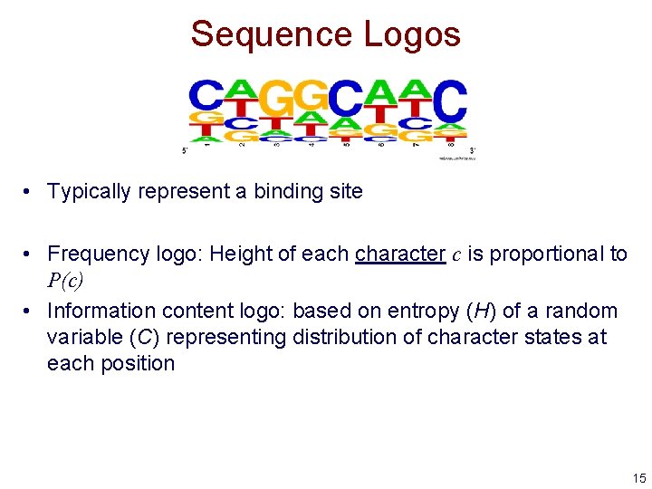 Sequence Logos • Typically represent a binding site • Frequency logo: Height of each