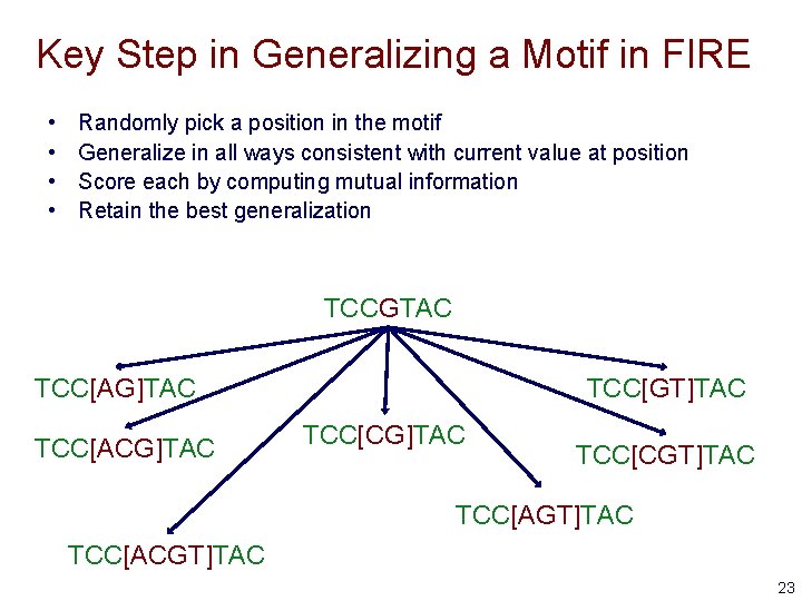 Key Step in Generalizing a Motif in FIRE • • Randomly pick a position