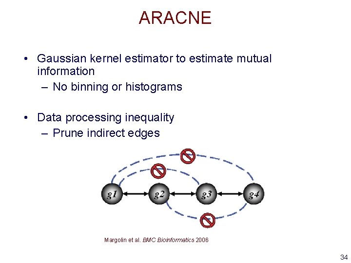 ARACNE • Gaussian kernel estimator to estimate mutual information – No binning or histograms