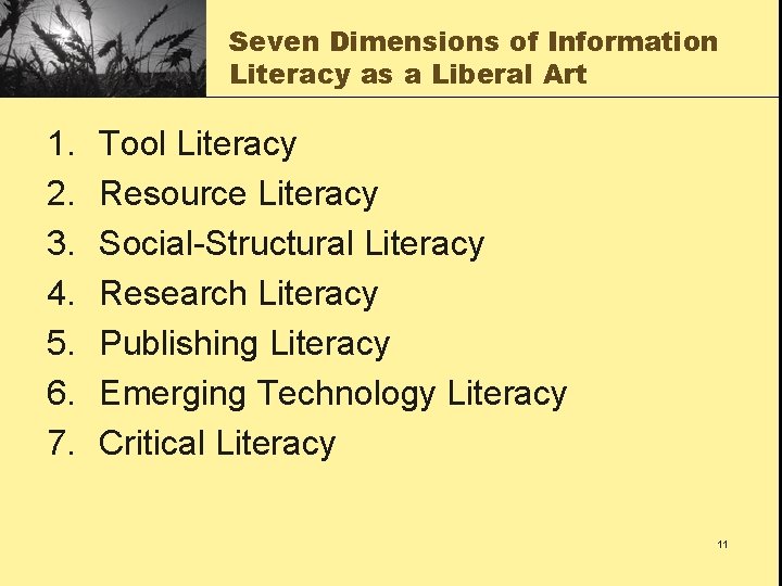 Seven Dimensions of Information Literacy as a Liberal Art 1. 2. 3. 4. 5.