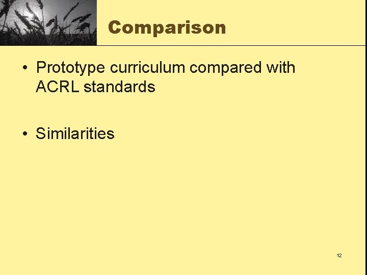 Comparison • Prototype curriculum compared with ACRL standards • Similarities 12 