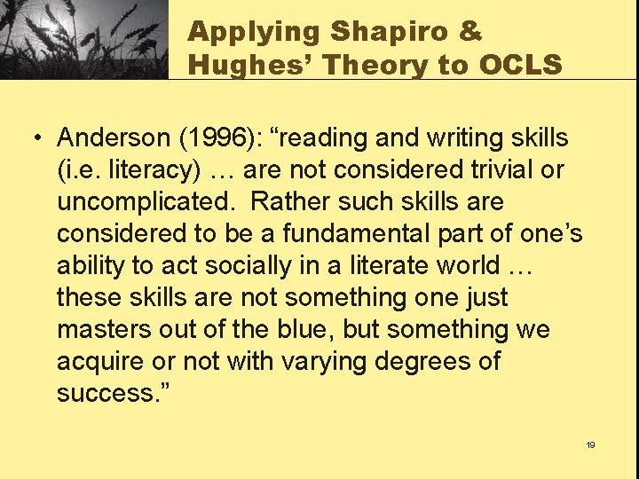 Applying Shapiro & Hughes’ Theory to OCLS • Anderson (1996): “reading and writing skills