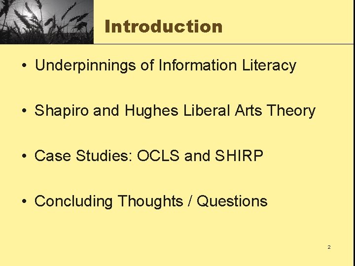 Introduction • Underpinnings of Information Literacy • Shapiro and Hughes Liberal Arts Theory •