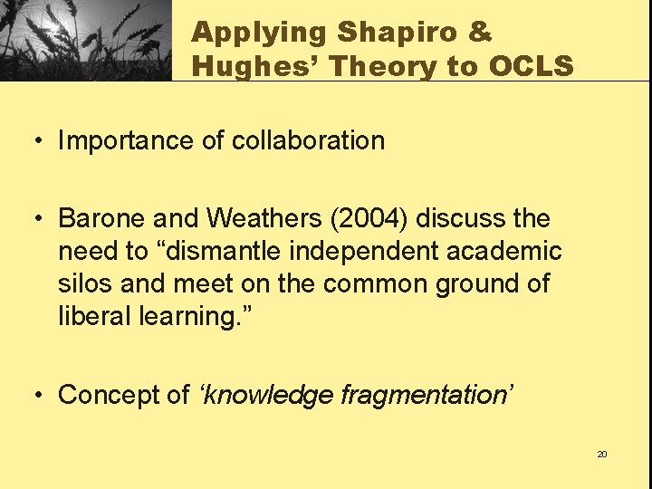Applying Shapiro & Hughes’ Theory to OCLS • Importance of collaboration • Barone and
