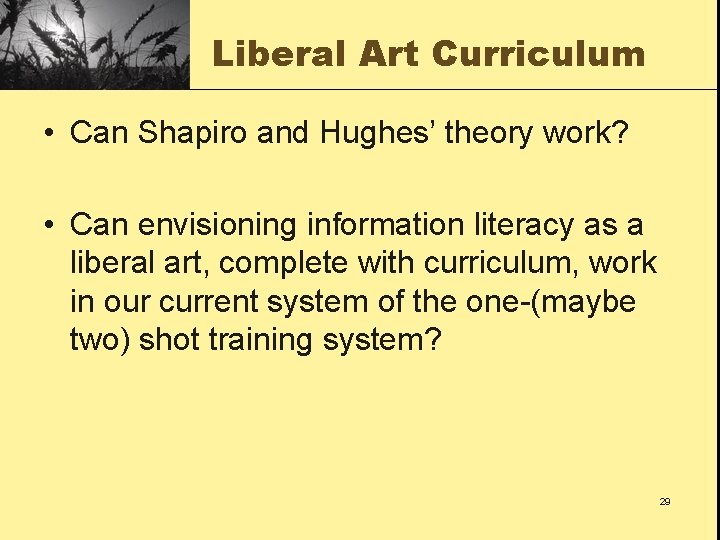 Liberal Art Curriculum • Can Shapiro and Hughes’ theory work? • Can envisioning information