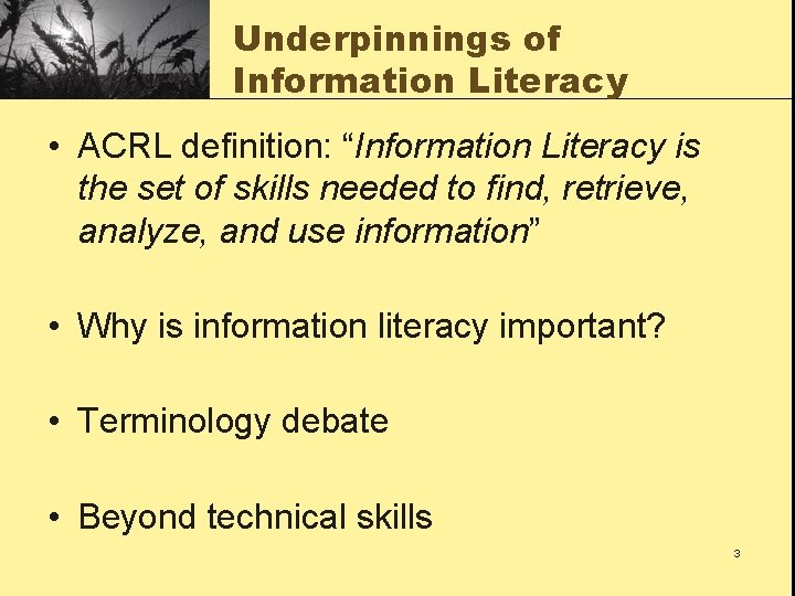 Underpinnings of Information Literacy • ACRL definition: “Information Literacy is the set of skills