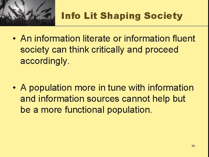 Info Lit Shaping Society • An information literate or information fluent society can think