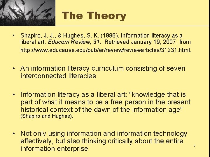 The Theory • Shapiro, J. J. , & Hughes, S. K. (1996). Information literacy