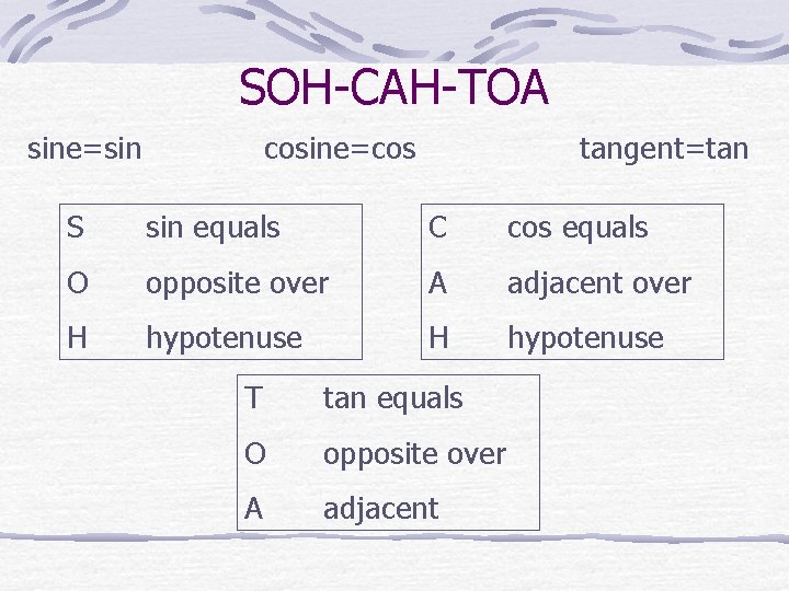 SOH-CAH-TOA sine=sin cosine=cos tangent=tan S sin equals C cos equals O opposite over A