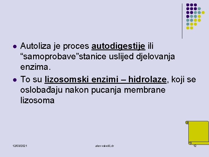 l l Autoliza je proces autodigestije ili “samoprobave”stanice uslijed djelovanja enzima. To su lizosomski