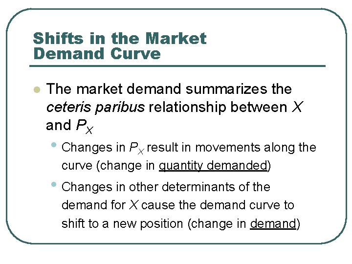Shifts in the Market Demand Curve l The market demand summarizes the ceteris paribus