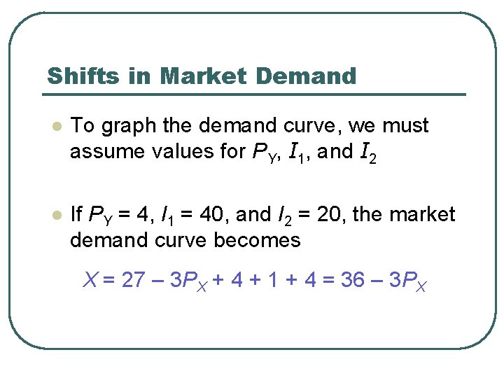 Shifts in Market Demand l To graph the demand curve, we must assume values