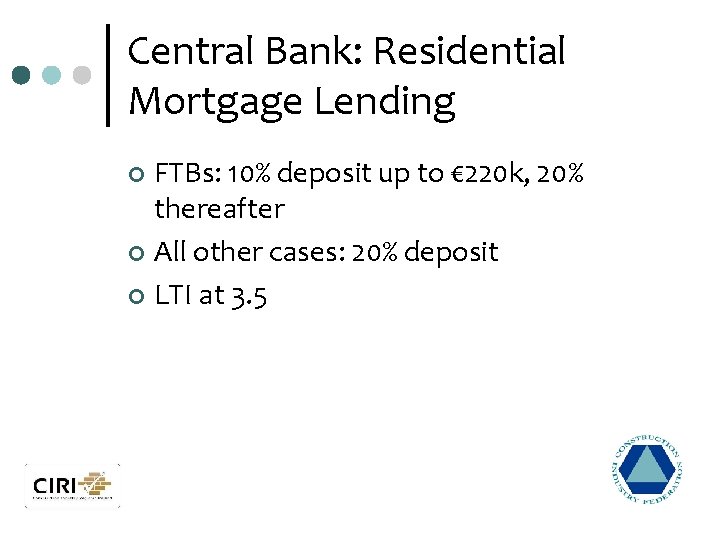 Central Bank: Residential Mortgage Lending FTBs: 10% deposit up to € 220 k, 20%