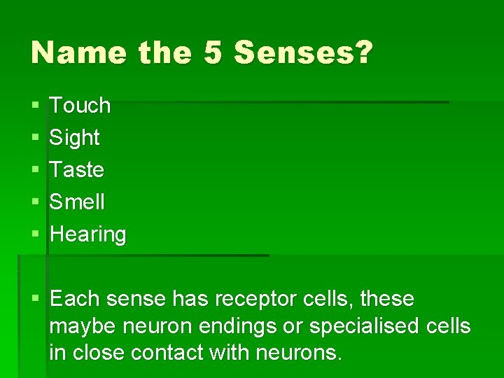 Name the 5 Senses? § § § Touch Sight Taste Smell Hearing § Each