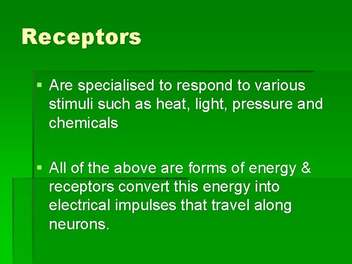 Receptors § Are specialised to respond to various stimuli such as heat, light, pressure