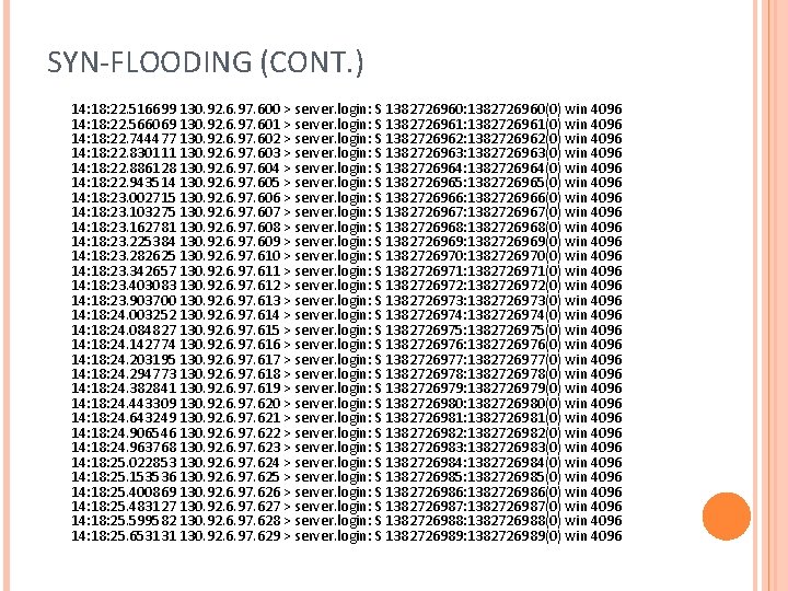SYN-FLOODING (CONT. ) 14: 18: 22. 516699 130. 92. 6. 97. 600 > server. SYN-FLOODING (CONT. ) 14: 18: 22. 516699 130. 92. 6. 97. 600 > server.