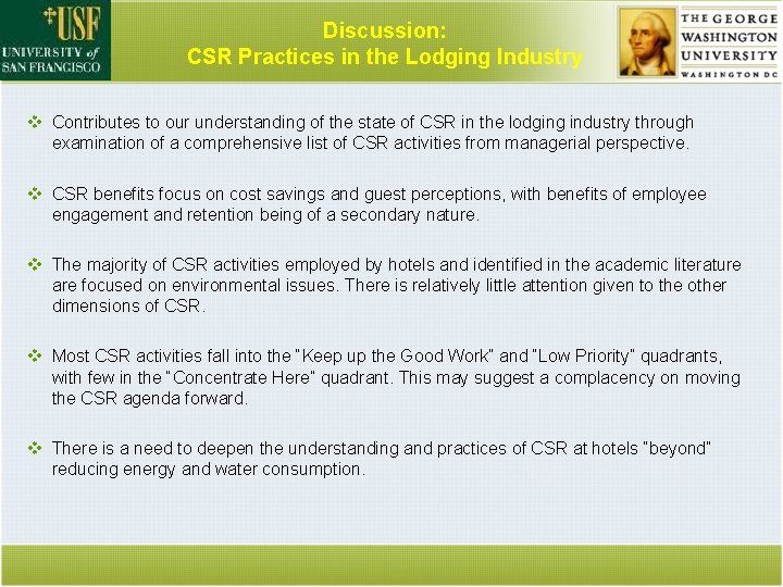 Discussion: CSR Practices in the Lodging Industry v Contributes to our understanding of the