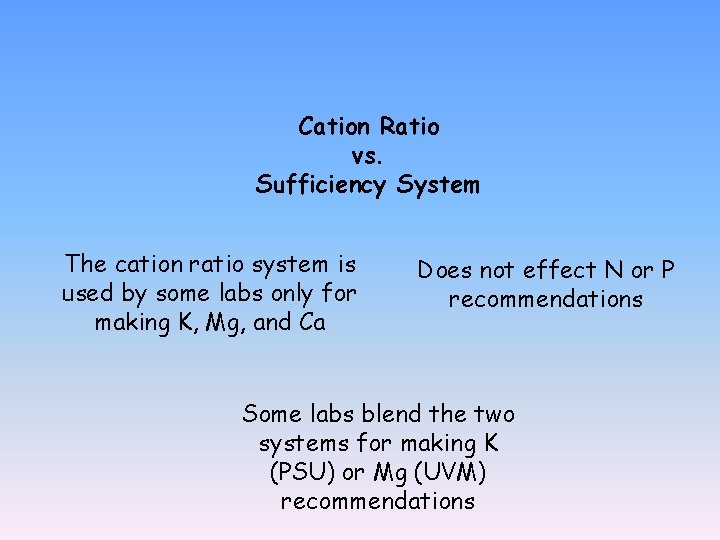 Cation Ratio vs. Sufficiency System The cation ratio system is used by some labs