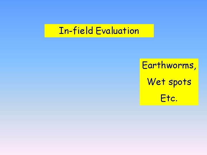 In-field Evaluation Earthworms, Wet spots Etc. 